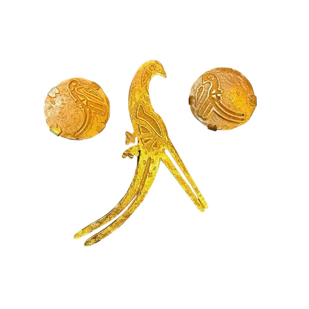 Guy Laroche Paris Vintage 90’s Textured Gold Modernist Bird Brooch and Earrings